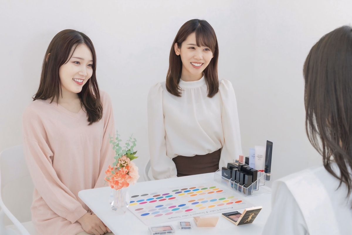 カラーサンプルを前に診断を受けるお客様とアナリスト